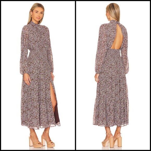 💕ASTR💕 Mock Neck Smocked Waist Maxi Dress ~ Brown & Purple Ditsy Floral M NWT - Picture 6 of 14